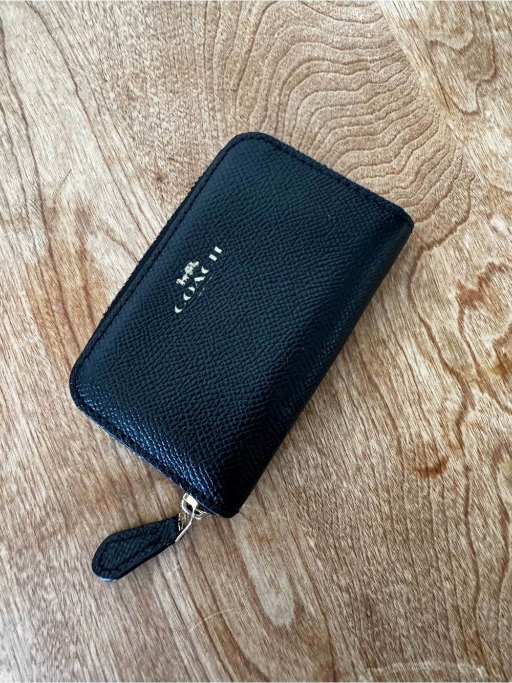 Coach Black Leather Zip Card Case with Gold Accent